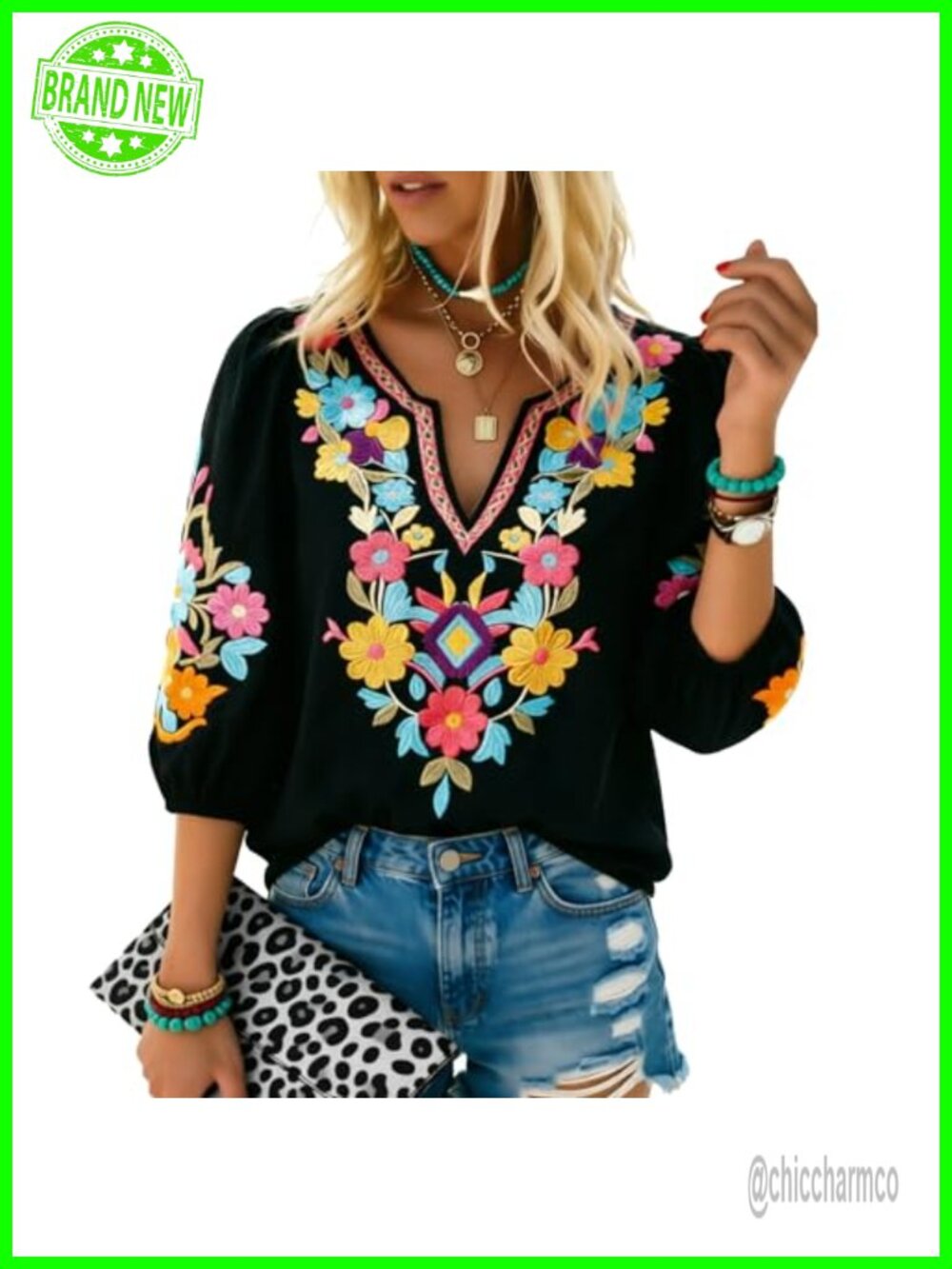 Mexican Embroidered Boho Peasant Tunic Top Cotton Rayon